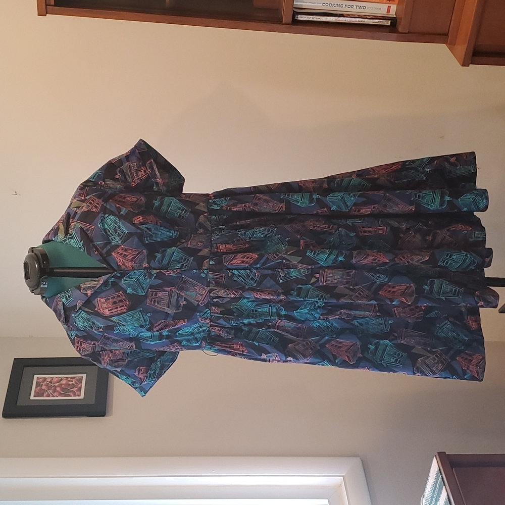 Vintage-Inspired Navy Blue Button-Front Tardis Print Dr Who Fit & Flare Dress